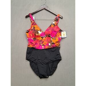 L.L. Bean Black Red Floral Tankini Top 18 Plus NWT
